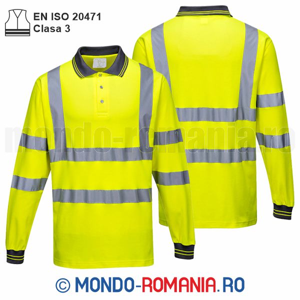 Tricouri reflectorizante - Tricou POLO reflectorizant neon cu maneca lunga